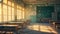 An unoccupied classroom with neatly arranged desks and a chalkboard at the front of the room, Artistic rendering of a lonely,