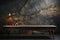 Unoccupied desk, sleek marble, onyx counter, against dusky wall background