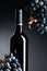 Unopened bottle of red wine and dark blue grapes with dried leaf on a black background