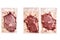Unopened pack of 3 raw beef steaks isolated on white background.