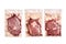 Unopened pack of three raw beef steaks isolated on white background.