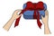 Unpacking the gift. European hands and a blue gift box. Colored vector illustration. Tie a red bow on a surprise. Isolated