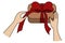 Unpacking the gift. European hands and craft box with a present. Colored vector illustration. Tie a red bow on a surprise.