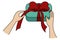 Unpacking the gift. European hands and green gift box. Colored vector illustration. Tie a red bow on a surprise. Isolated backgrou