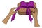 Unpacking the gift. Spaniard`s hands and a craft box with a present. Colored vector illustration. Tie a purple bow on a surprise.