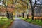 Unpaved Fall road with colorful trees