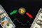 Unprofitable investment of depreciation of virtual money bitcoin. Green red arrow, silver bitcoin and dollars go down on forex