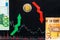 Unprofitable investment of virtual money bitcoin. Green red arrow, silver Bitcoin and euro go down on black paper forex chart