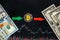 Unprofitable investment of virtual money bitcoin. Green red arrow and silver Bitcoin go down on paper forex chart index rating