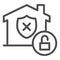 Unprotected building emblem and open lock line icon, smart home symbol, property safety and protection vector sign white