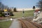 Unprotected railway crossing. Railway signaling equipment at a train crossing, Czech Republic. Railway infrastructure. Sunny