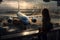 Unreal airport scene: Child\\\'s view amidst plane chaos