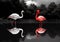 Unreal and dark landscape with a white flamingo and a red one, in the water. Minimalist style. AI generated