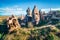 Unreal world of Cappadocia. Deep blue sky over Uchisar Castle. Bright morning scene of famous Uchisar village, district of