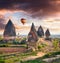 Unreal world of Cappadocia. Sunrise in Red Rose valley in April.