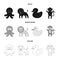 An unrealistic black,monochrome,outline animal icons in set collection for design. Toy animals vector symbol stock web
