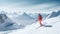 Unrecognisable person woman standing on the snowy mountain cliff and skiing. Winter sport, beautiful Alps landscape.