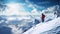 Unrecognisable person woman standing on the snowy mountain cliff and skiing. Winter sport, beautiful Alps landscape.