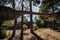 Unrecognizable blurred tourists visit iconic trees and boulder