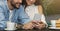 Unrecognizable Couple Using Mobile Phone Sitting In Cafe, Cropped, Panorama