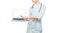 Unrecognizable female doctor with stethoscope holds laptop, isolated background. Modern diagnostics in medicine. Medical and healt