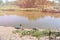 An unrecognizable fisherman in the distance with fishing rods near an inflatable boat, loading things, is ready to set