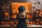 Unrecognizable girl standing in front of painted Halloween picture on wooden wall above table decorated with pumpkins