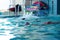 unrecognizable kid swimming freestyle style training in swimmer pool with splashing water.