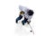 Unrecognizable male hockey player with the stick on ice court and white background