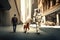 Unrecognizable man in an astronaut space suit and helmet walking his dog on the street of a big city. Funny daily life concept.