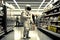 Unrecognizable man in an astronaut space suit holding basket while shopping in supermarket. Funny daily life concept. Generative