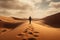 An unrecognizable man in a business suit walks through the sandy desert. Path to success and obstacles. generative AI