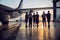 Unrecognizable people standing near the aircraft in the aviation hangar