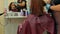 Unrecognizable person dyes hair of young woman in salon. Unknown hairdresser in gloves coloring hair of client in beauty