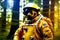 Unrecognizable person in yellow space suit in mysterious forest. Astronaut in cosmic outfit exploring fantastic world