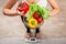 Unrecognizable rawfoodist girl checking weight on scale holding basket of fresh vegetables and green meat