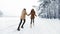 Unrecognizable Spouses Running Away Holding Hands In Snowy Forest, Panorama