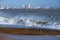 Unrecognizable surfer silhouette surfing the waves near La Pallice, the trade port of La Rochelle. commercial dock in the