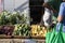 Unrecognizable woman with bag over arm talks to vendor at farmers market with squash and onions and cucumbers in baskets and plant