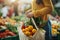 Unrecognizable woman buys fresh produce at farmers market with eco bag