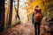 Unrecognizable woman hiking autumn forest trail with vibrant fall foliage in background