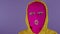 Unrecognizable woman in pink balaclava sending blowing kisses on purple background. Unknown female in mask looking at