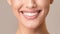 Unrecognizable Woman With White Teeth Smiling Posing On Beige Background