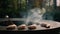 Unrecognized man putting sausages on bbq grill outdoors. Chef cooking sausages