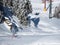 Unrecognized young person doing skiing at snow. Winter athletic sports.