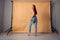Unretouched photo of woman stand back rear posing for nude photo session on valentine day isolated studio background