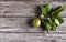 Unripe apricot with leaves on a wooden background