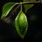 an unripe green fruit hanging from a branch with water droplets on it