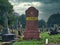 An unsafe / dangerous red granite headstone on a grave in Flaybrick Cemetery in Birkenhead, UK. Taken in winter on on an overcast