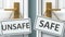 Unsafe or safe as a choice in life - pictured as words Unsafe, safe on doors to show that Unsafe and safe are different options to